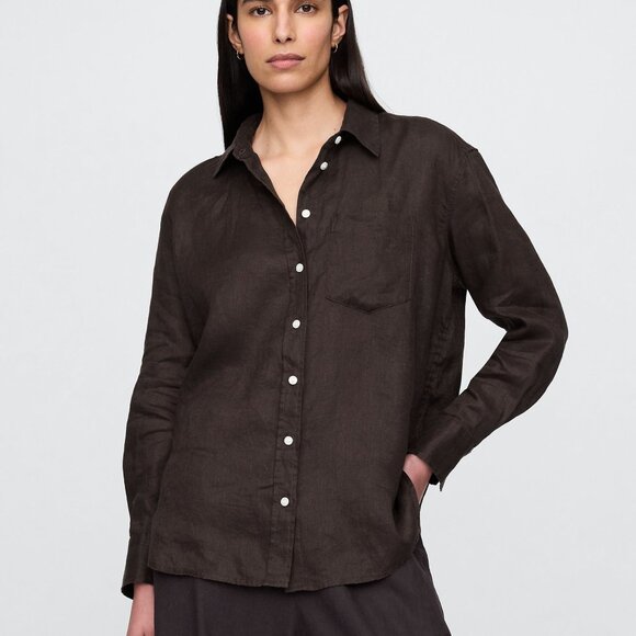 GAP 100% Linen Oversized Shirt | Dark Brown | Size S Petite | NWT - Picture 2 of 3